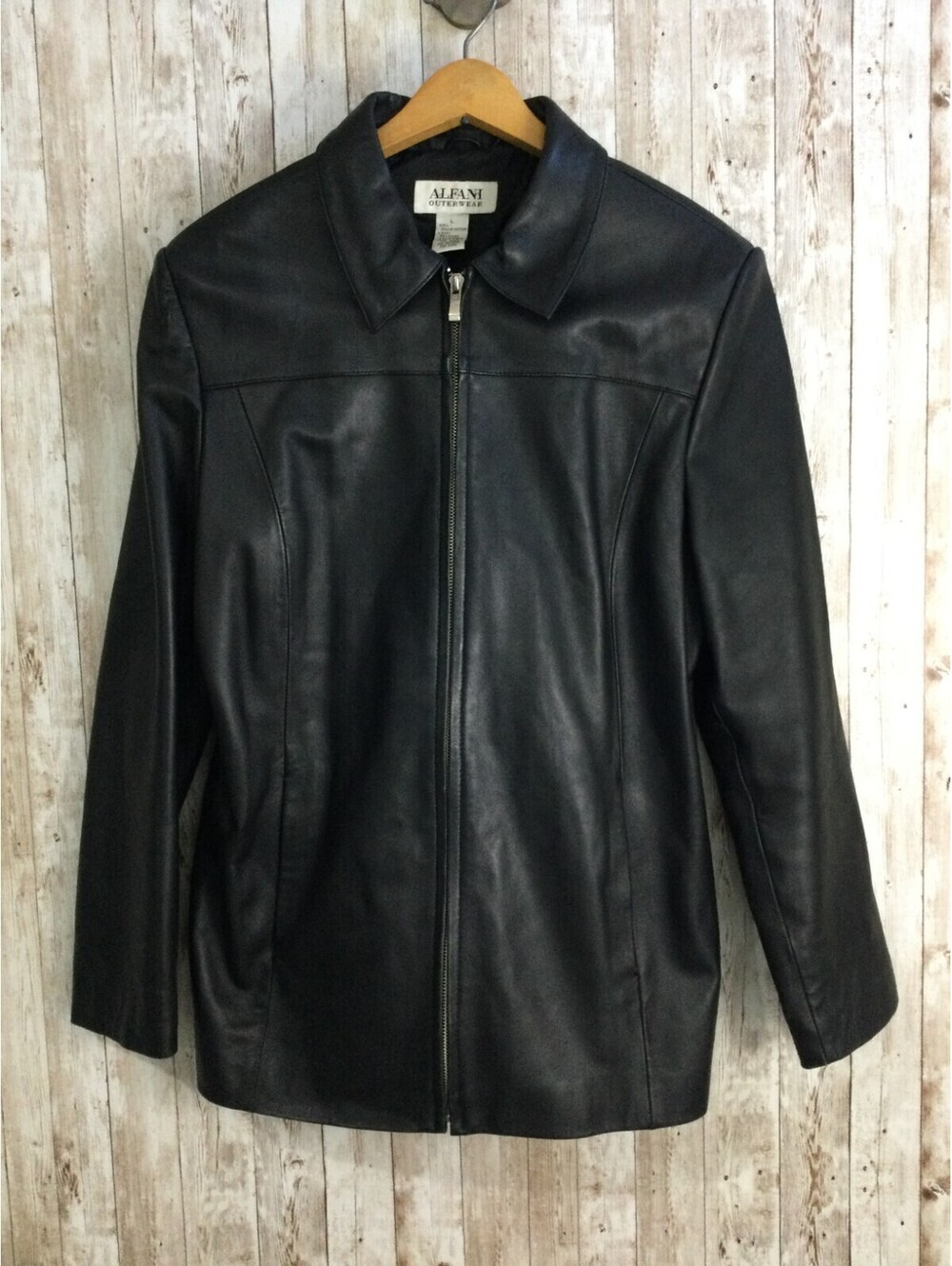 ALFANI Women Black Genuine Leather Front Zip Jacket Size L Soft Pocket Nice